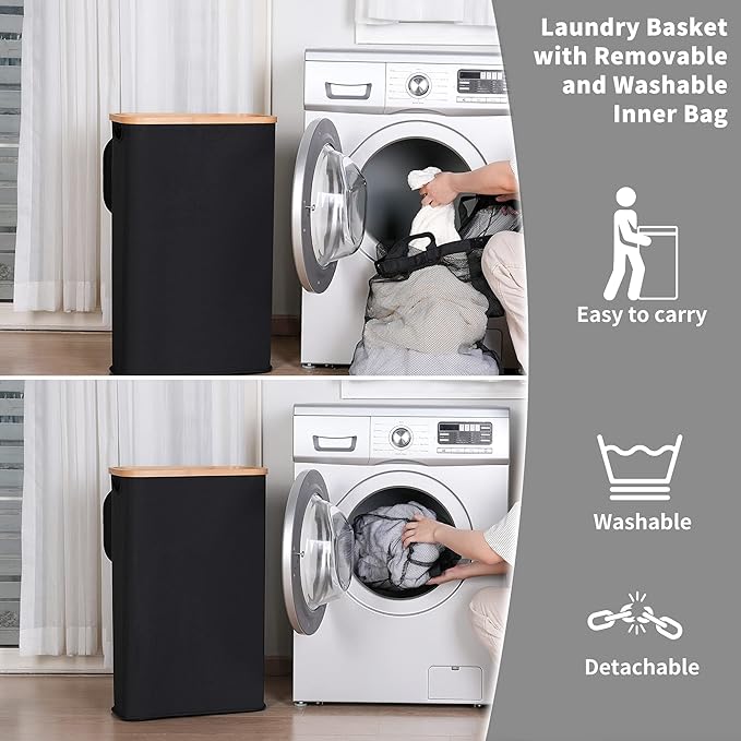 iEGrow 60L Slim Laundry Hamper, Narrow Laundry Basket with Lid,Foldable Clothes Hamper with Bamboo Handles,Hamper Basket with Removable Inner Bag for Laundry Room Bedroom College Dorm,Black - Image 5