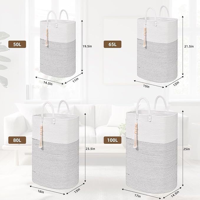 Woven Laundry Basket for Clothes, 100 L Large Rectangle Laundry Hampers with Beads Tassel, Nursery Storage Basket for Toys, Tall Dirty Clothes Hamper for Bedroom Aesthetic, Laundry Room Organization - Image 8