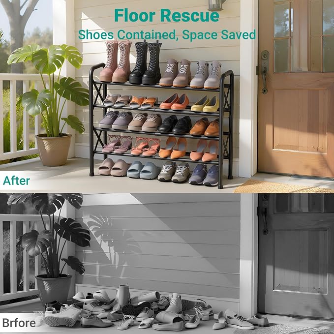 YEASHEIN 4-Tier Expandable Shoe Rack for Closet Floor, X-Frame Metal Small Shoe Rack for Entryway, Adjustable Shoe Shelf Organizer, Free Standing Shoe Racks for Front Door Entrance, Garage - Black - Image 6