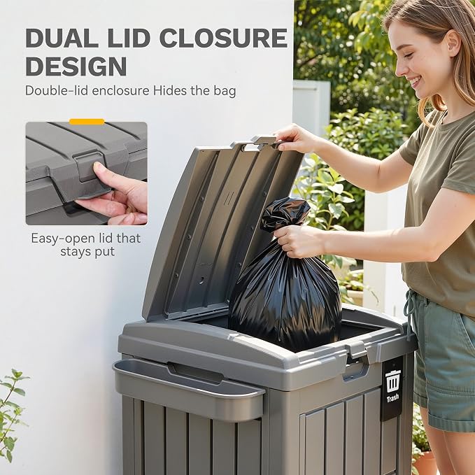 DWVO 38 Gallon Outdoor Trash Can, Set of 2 Resin Garbage Bins with Lids, Includes 2 Sorting Labels, Ash Holder, Stakes & Suction Cups, Hideaway Storage for Patio Backyard Garden, Light Brown - Image 5