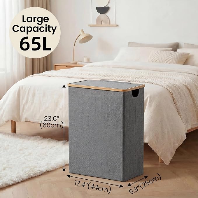 efluky Slim Laundry Basket with Lid, Narrow Laundry Hamper with Removable Bag, Skinny Dirty Clothes Basket with Bamboo Handles for Bathroom, Bedroom & Laundry Room, 65L Grey - Image 3