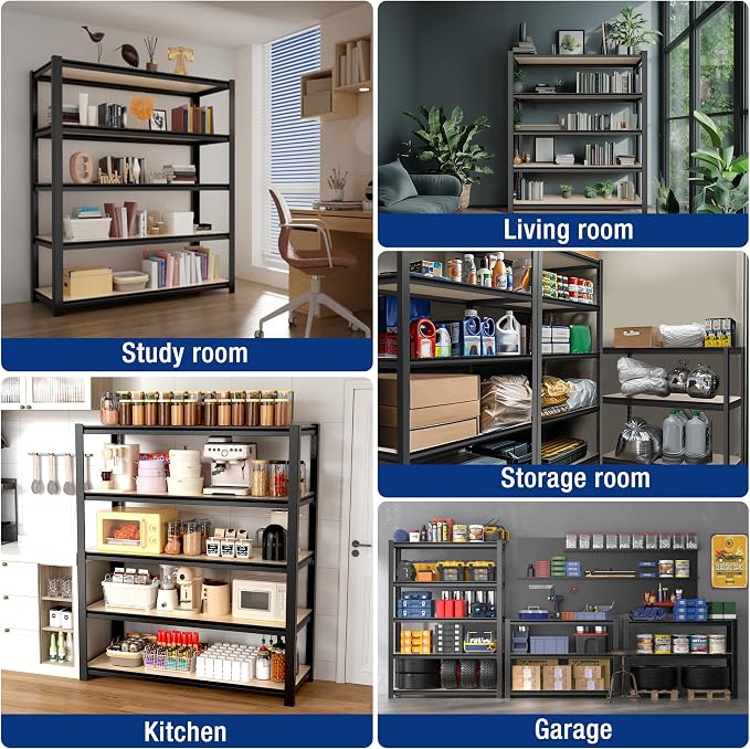 WORKPRO House 5-Tier Shelving Unit, Adjustable Heavy Duty Storage Shelves, Wood Grain Pattern, Waterproof Board, 3000lbs Boltless Shelving for Kitchen, Living Room, Garage, 48"W x 24"D x 72"H, Black - Image 8