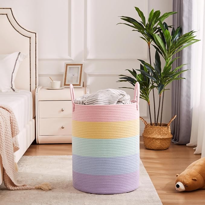 15Dx20H inches Large Baby Girls Kids Hamper Rainbow Laundry Basket for Nursery Clothes Pastel Unicorn Woven Hamper Tall Blanket Basket in Playroom Bedroom 62L - Image 7