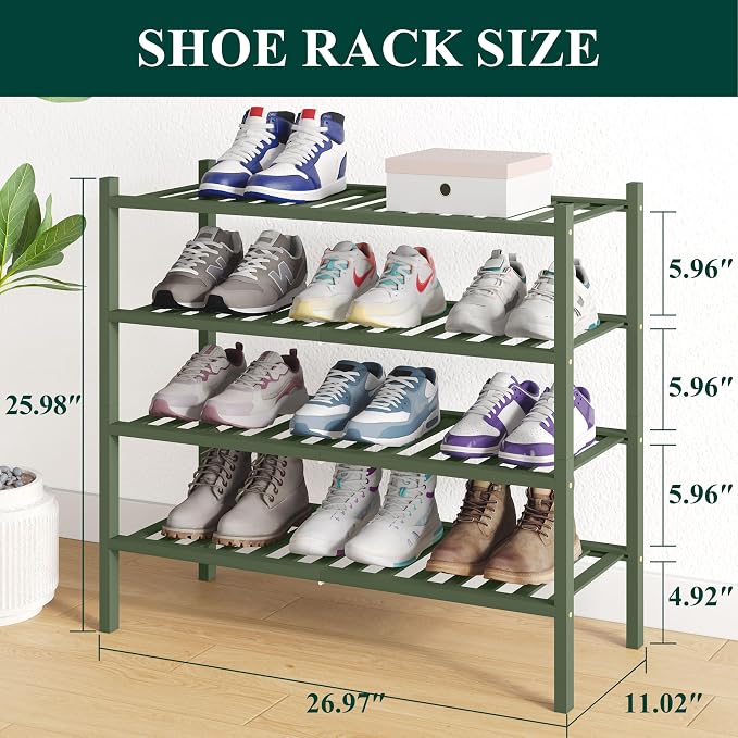 Smiry Bamboo Shoe Rack for Closet, 4 Tier Wooden Stackable Shoe Organizer, Free Standing Shoes Storage Shelf for Entryway, Front Door Entrance, Green - Image 2