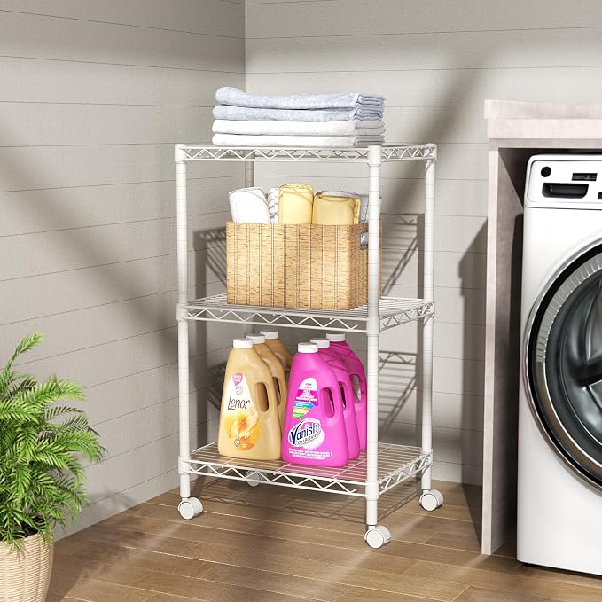 SINGAYE 3 Small Shelves Storage Shelf Wire Shelving Unit Metal Shelf Adjustable Organizers Storage Shelving with Wheels for Bathroom Laundry Room Kitchen Pantry11.5”D x 17.5”W x 30.5”H White - Image 8