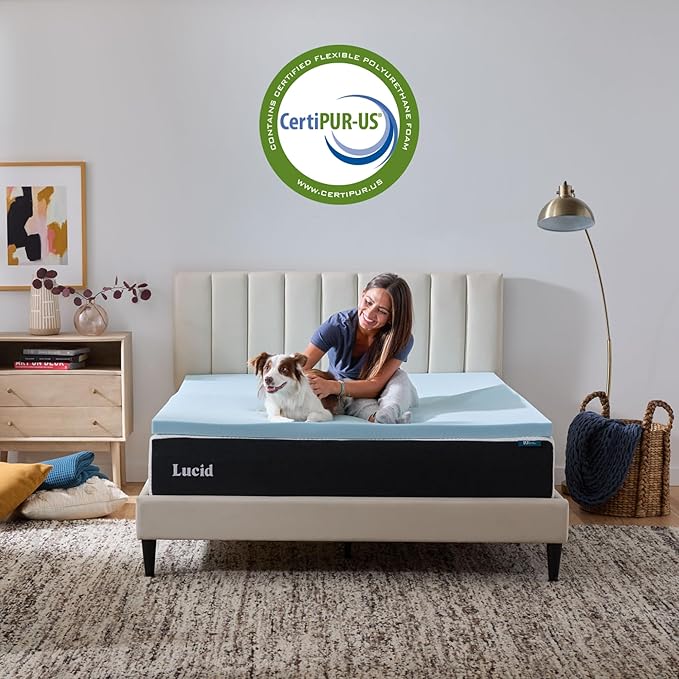 Lucid 2 Inch Memory Foam Mattress Topper, King Size – Cooling Gel Bed Topper – Pressure-Relieving Plush Feel – Ventilated Breathable Design – CertiPur Certified - Dorm Essentials