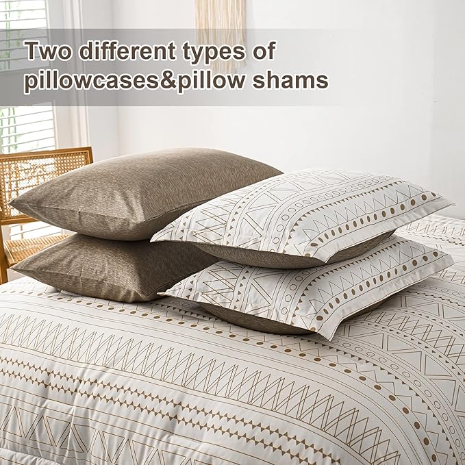 WONGS BEDDING 7 Pieces Khaki Comforter Set Boho Bed in a Bag King Size,Geometric Striped Comforter Reversible Soft Microfiber Bedding Set with Pillowcases,Flat Sheet,Fitted Sheet,Pillow Shams