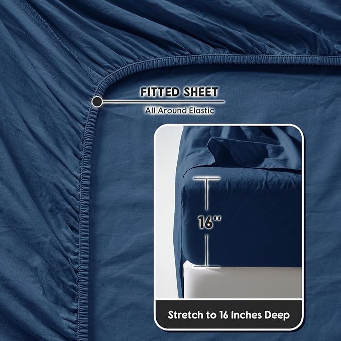 SONORO KATE 100% French Pure Linen Sheets, Breathable and Durable Linen King Size Sheets, Anti-Tear Linen Bed Sheets, Machine Washable, 16 Inch Deep Pocket - 4 Piece (Navy Blue, King)