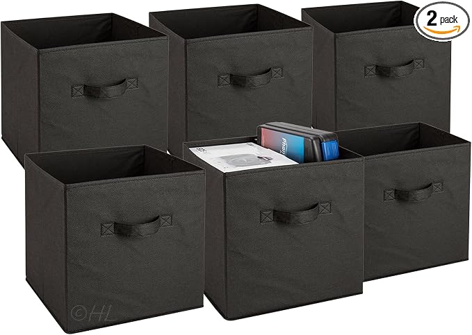 Handy Laundry Foldable Cube Storage Bins - 6 Pack - Decorative Fabric Storage Cubes are Collapsible & Great Organizer for Shelf, Closet or Underbed. Convenient for Clothes or Kids Toy Storage (Black) by Handy+Laundry
