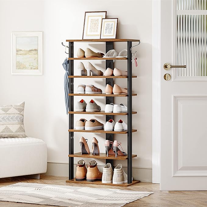 HOOBRO 8 Tiers Vertical Shoe Rack, Wooden Shoe Storage Organizer with Hooks, Narrow Shoe Tower for 16 Pairs, Space Saving, for Entryway, Living Room, Bedroom, Rustic Brown BF750XJ01 - Image 4