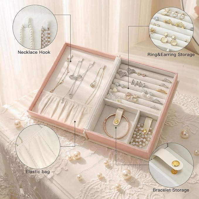 CASEGRACE Jewelry Box Organizer PU Leather Diary Jewelry Box with Magic Book Design Jewelry Case for Earrings Bracelet Necklace Rings Storage for Women, White - Image 4