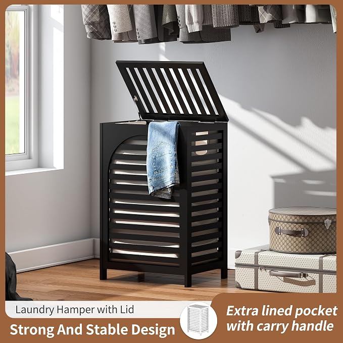 FILWH Laundry Hamper with Lid (16.9 * 13 * 26.5inches) Large Bamboo Laundry Bin Basket 85L Clothes Hamper with 1 Removable Bag Storage baskets for Bathroom(Black) - Image 4