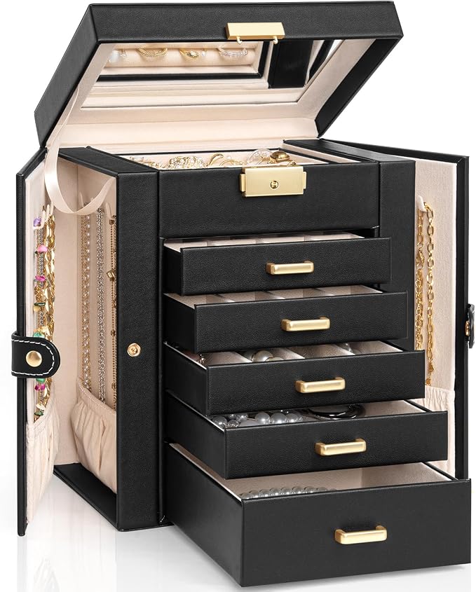 AKOZLIN 6-Tier Jewelry Box Lockable Leather Jewelry Storage Case with 5 Drawers for Women Girls Ring Necklace Earring Bracelet Holder Organizer with Mirror by AKOZLIN