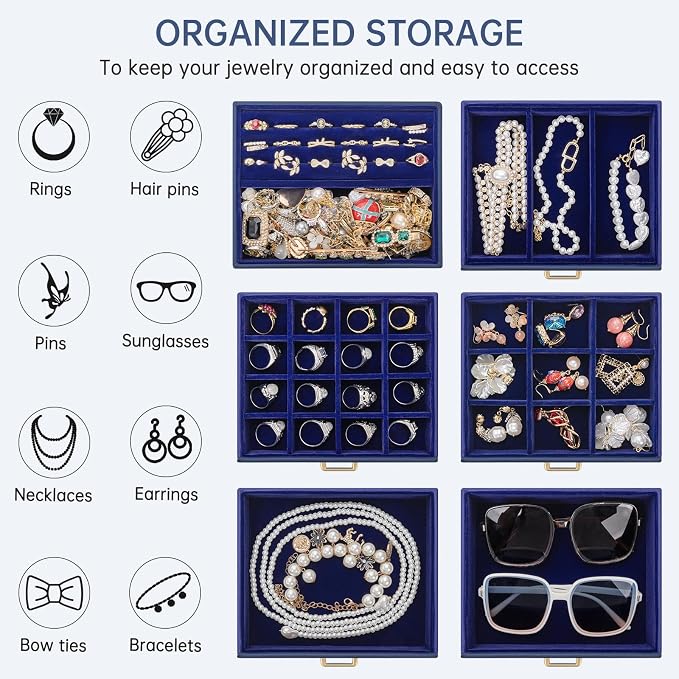 AKOZLIN 6-Tier Jewelry Box Organizer Functional 5 Drawers Leather Jewelry Storage Case for Women Girls Ring Necklace Earring Bracelet Holder Organizer with Mirror Blue - Image 5