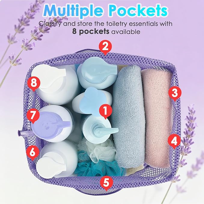 Fammart Mesh Shower Caddy Portable with Drawstring, Dorm Room Essentials for College Girls Guys, 8-Pocket Large Shower Bag Basket Tote for Camping Beach Gym Travel Toiletry Bathroom - Image 4