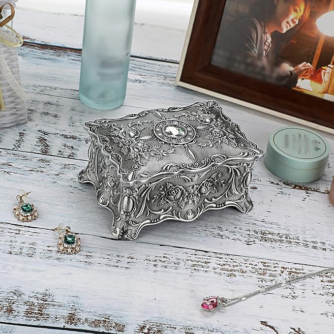 Hipiw Vintage Jewelry Organizer Box - Metal Trinket Storage Box Ornate Treasure Chest Box Jewelry Decorative box Keepsake Gift Box Case for Women,4.9"x3.4"x2.7" - Image 3