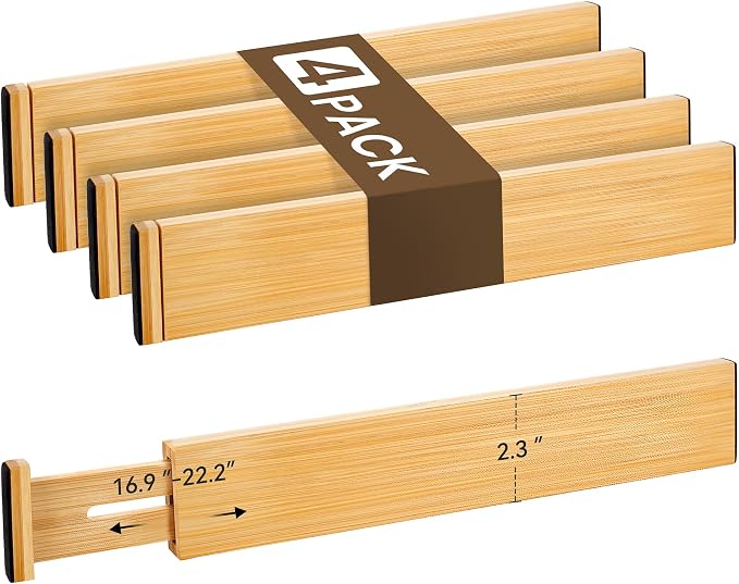 Bamboo Drawer Divider Set of 4, Adjustable Spring-Loaded Drawer Organizer (16.9"-22.2"), 2.3" Height, Suitable for Kitchen, Desk, Bathroom, Clothing, and Miscellaneous Drawer Organization, Natural by NCUE