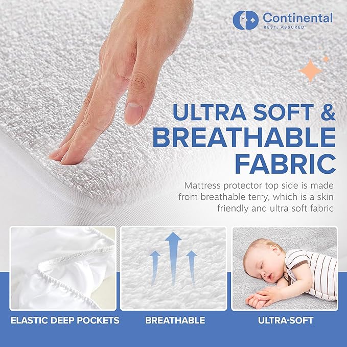 Continental Bedding Terry Cloth Mattress Pad Protector Plush Comfort and Waterproof Protection