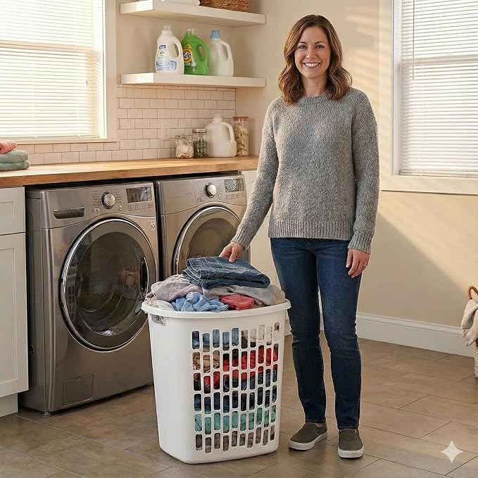 Bushel Laundry Hamper, Slim Rectangular Ventilated Plastic Clothes Basket, Heavy Duty Washing Bin With Reinforced Handles for Bathroom, Dorm, and Closet Organization, White, 1 Pack - Image 8
