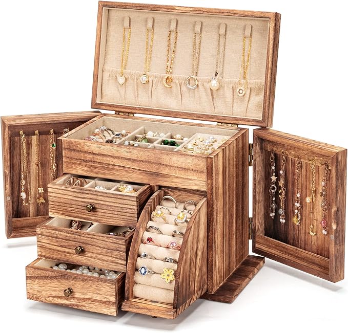 Poyilooo Jewelry Box Organizer, Solid Wood Jewelry Boxes for Women for Storage & Display Necklace Ring Earring Bracelet, Rustic Style Jewelry Organizer Box for Women Gifts (Carbonized Brown) by Poyilooo