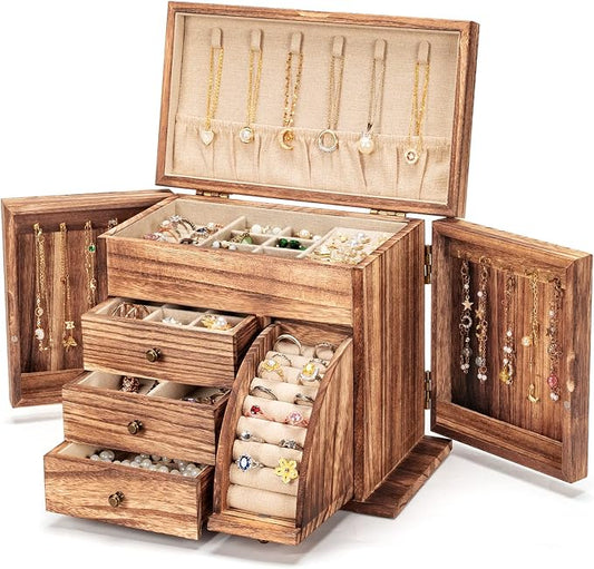 Poyilooo Jewelry Box Organizer, Solid Wood Jewelry Boxes for Women for Storage & Display Necklace Ring Earring Bracelet, Rustic Style Jewelry Organizer Box for Women Gifts (Carbonized Brown) by Poyilooo
