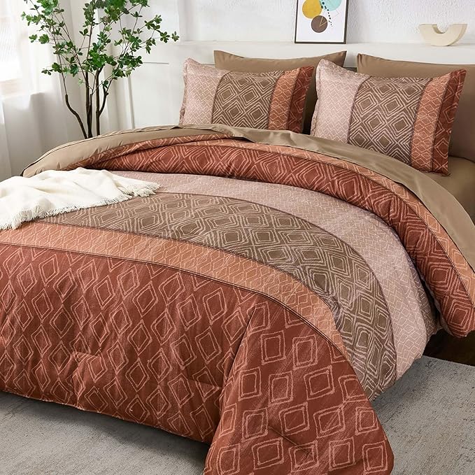 Dinjoy Red Brown King Size Comforter Set,Striped Boho Bed in a Bag King 7 Pieces Soft Fall Bedding Comforters Sets Microfiber Complete Bed Sets for All Season