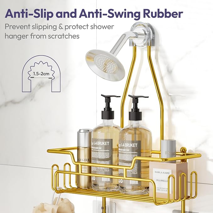 SWTYMIKI Bathroom Shower Caddy Hanging - 3 Tier Rustproof Over Shower Head Organizer, No Drilling Bathroom Shelf with 16 Hooks & Soap Holder, Anti-Swing Rack for Shampoo,Sponge,Towel, Gold - Image 4