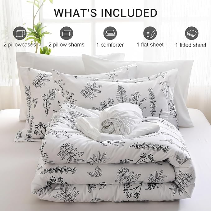 MUXHOMO White Bed in a Bag Queen 7 Pieces, Queen Comforter Set Reversible Botanical Flowers Design, Ultra Soft & Breathable Bedding Sets with Comforter, Sheets, Pillowcases & Shams