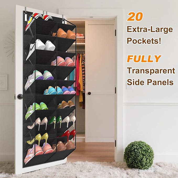 UVIAHOMI 20-30 Pairs Over the Door Shoe Organizer, Clear Pockets Hanging Shoe Storage for Closet, 10-Tier Door Shoes Rack, Handing Shoes Holder Fit All the Family's Sneakers, Boots, Heels, Black - Image 3