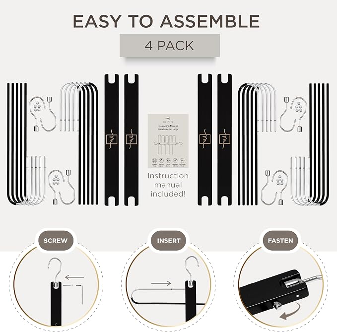 MORALVE Pants Hangers Space Saving - 4 Pack European Beechwood Scarf and Jean Hangers - Closet Organizer and Space Saver Pant Rack, Leggings Hanger, and Scarf Holder with 360° Swivel Hook - Image 7