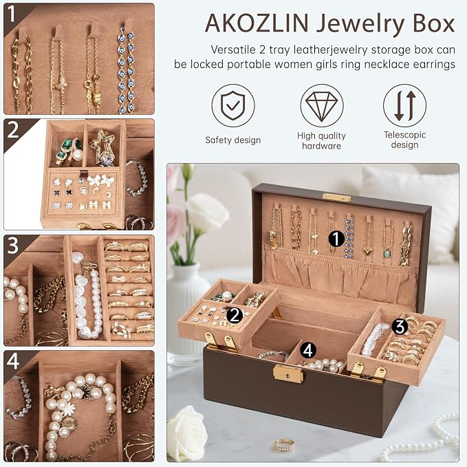 AKOZLIN Travel Jewelry Box Organizer Functional 2-trays Leather Jewelry Storage Case with Lockable Portable for Women Girls Ring Necklace Earring Bracelet - Image 3