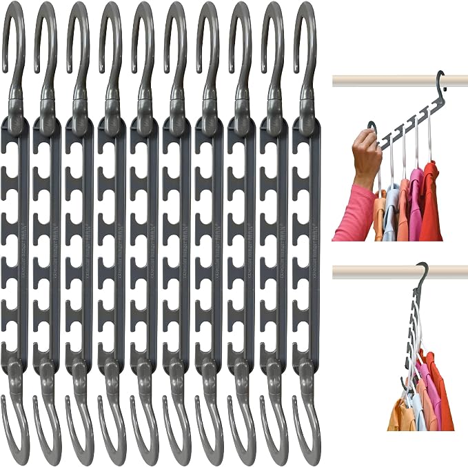 Wonder Hanger Max 10-Pack Space Saving Hangers, Reinforced Hooks Swivels 360°, Cascading Hanger, College Dorms & Storage Closet Organizer, Fully Assembled – Grey by WONDERHANGER