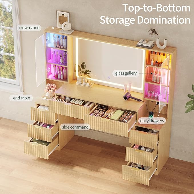 HAUOMS Big Vanity, Fluted Wood Makeup Vanity Desk with Mirror and Sound Sync LED Lights, Large Vanity Dressing Table, 8 Drawers, Charging Station for Girls, Women (Oak, 59.1" Width)