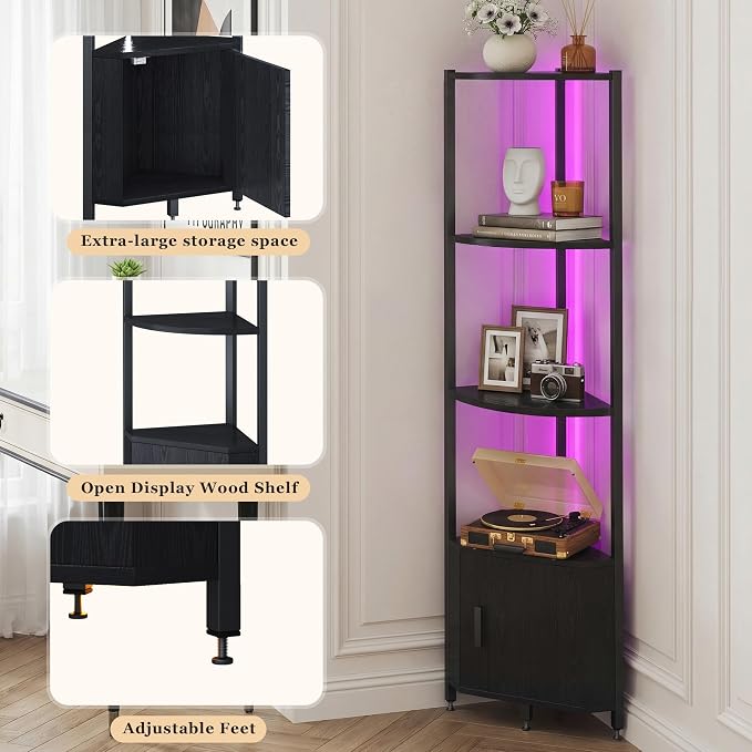 Corner Shelf with Storage, LED Lights 6-Tier Corner Bookshelf, 66'' Organizer Book Shelf Shelves Steel Frame Display Stand with Living Room, Bedroom, Study, Black - Image 8