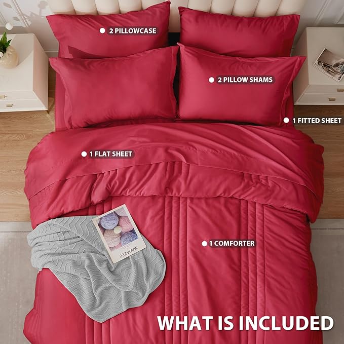 King Comforter Set Red - Bed in a Bag King Size 7 Pieces, Soft Bedding Set for All Seasons, Christmas Premium King Comforter Set with Comforter, Sheets, Pillowcases & Shams