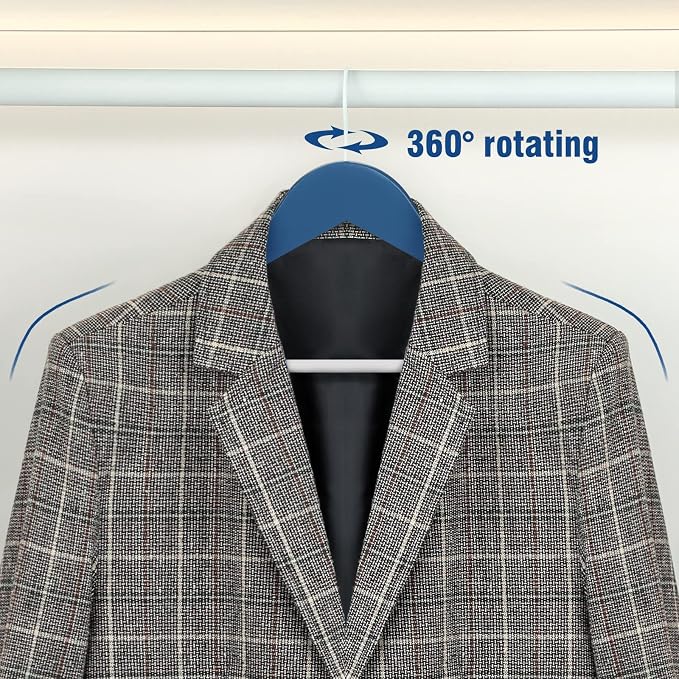 TOPIA HANGER Premium Wooden Hangers with Non-Slip Pant Bar, 360°Swivel Hook and Shoulder Notches, 16 Pack Solid Wood Clothes Hangers for Suit, Coat, Jacket, Camisole(Blue/White)-CT35BW1 - Image 4