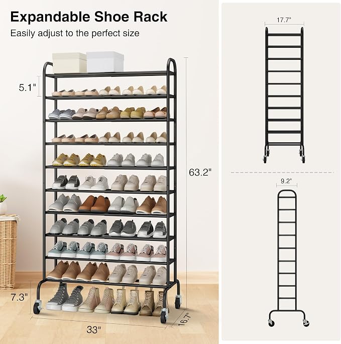 STO STO Expandable Shoe Rack, 10-Tier Metal Tall Shoe Rack for Garage, Up to 44 Pairs Adjustable Shoe Rack Storage for Front Door Entrance, Free Standing Shoe Rack Organizer for Entryway, Black - Image 3