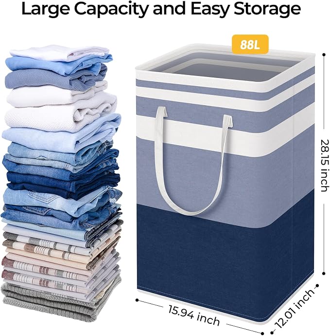HomeHacks 2-Pack Large Laundry Basket, Waterproof, Freestanding Laundry Hamper, Collapsible Tall Clothes Hamper with Extended Handles for Clothes Toys in the Dorm and Family (Blue, 88L) - Image 4
