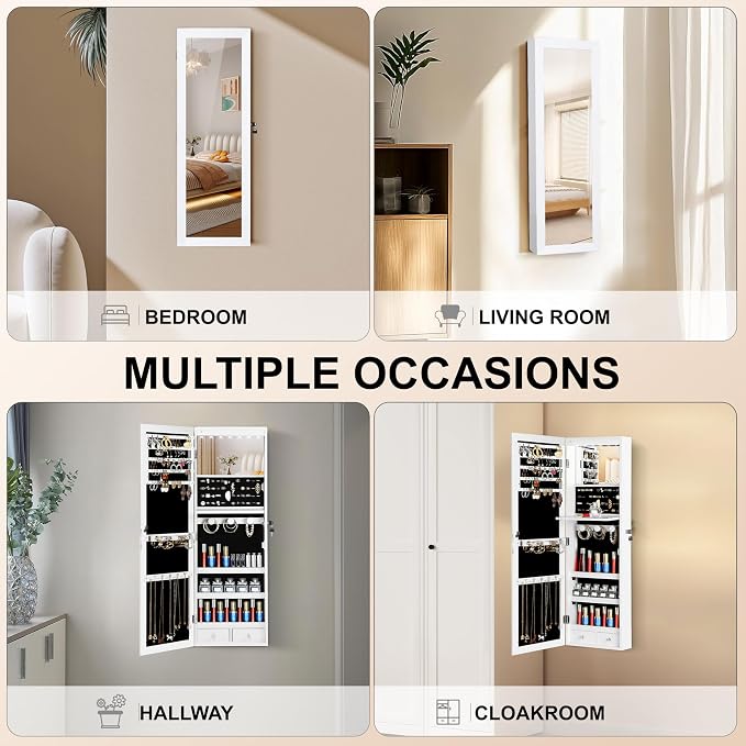 Mirror Jewelry Cabinet, Wall/Door Mounted Jewelry Armoire with Full-Length Mirror, Hanging Jewelry Organizer with LED Interior Lights, White - Image 6