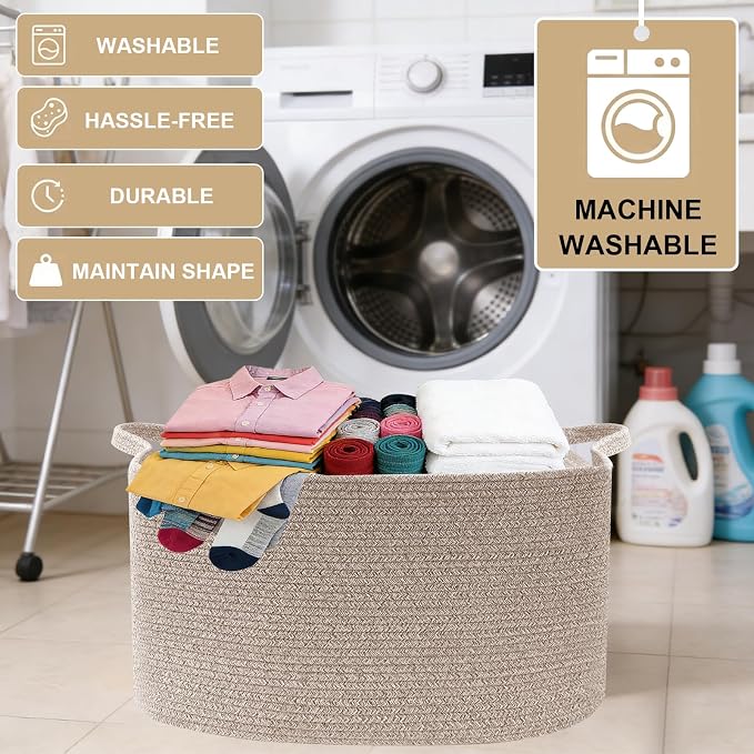 96L Large Blanket Basket,24"x16"x15"Rectangle Storage Bin with Handles,Woven Rope Laundry Basket for Toys, Clothes,Magazines,Home Organization,Nursery,Living Room & Bedroom,Brown - Image 6