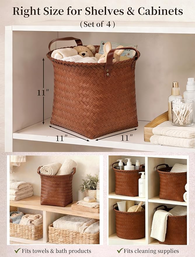 Hand Woven Baskets for Storage, 4Pcs Water-Resistant Wicker Baskets, Brown Wicker Storage Baskets for Shelves, Large Basket with Handle for Organizing, Closet, Laundry, Blanket - Round - Image 3