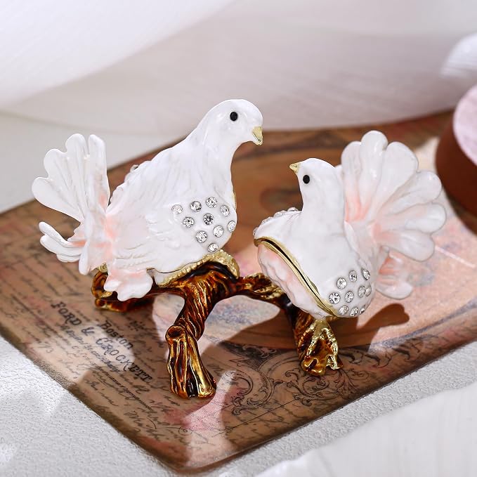 Hand Painted Animal Trinket Box for Home Decor, Hinged Jewelry Organizer Storage, Unique Personalized Collectible Keepsake Figurine Handmade Decorative Ornament Gifts (Dove Couple) - Image 4