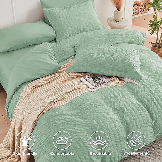 HYMOKEGE Sage Green Twin Comforter Set Seersucker 5 Pieces, All Season Luxury Bed in a Bag for Bedroom, Bedding Set with Comforters, Sheets, Pillowcase & Sham