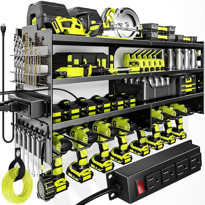 POKIPO Large Power Tool Organizer Wall Mount with Charging Station,4 Layer Heavy Duty Metal Tool Storage Rack Loads 600lbs with 8 Cordless Drill Holder,Battery Utility Rack Loads with 4 Power Strip by POKIPO