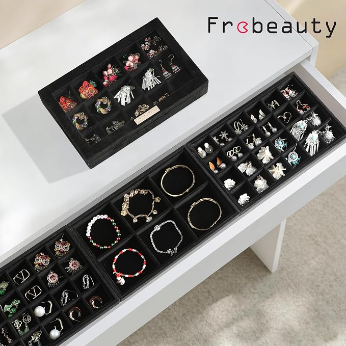 Frebeauty Earring Holder Stackable Jewelry Trays,Velvet Drawer Jewelry Organizer with Glass Lid, 5 in 1 Jewelry Box for Earrings Rings Studs,10.5 x 6.5 x 5.55 Inches Gift for Women (Black) - Image 2