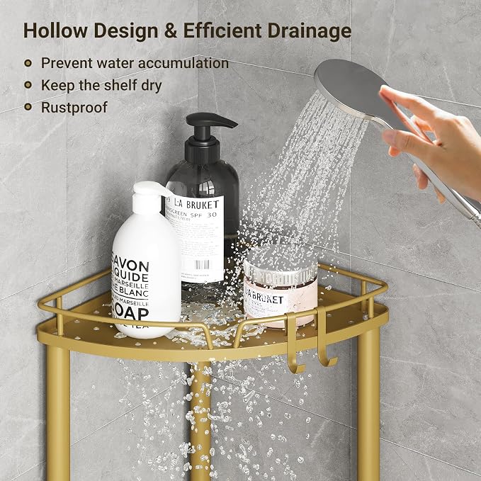 ELYKEN Corner Shower Caddy Standing, 3 Tier Rustproof Metal Shower Organizer with Soap Holder, Floor Shower Corner Shelf Rack Storage Stands with Adjustable Feet & 2 Hooks for Bathroom, Gold - Image 6