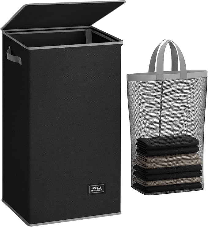 SOLEDI Laundry Hamper Black with Lid and Removable Bag - 100L Large and Tall Laundry Basket Collapsible with Handle for Clothing and Toys Storage - Dirty Clothes Hamper for Bedroom, bathroom, dorm by SOLEDI