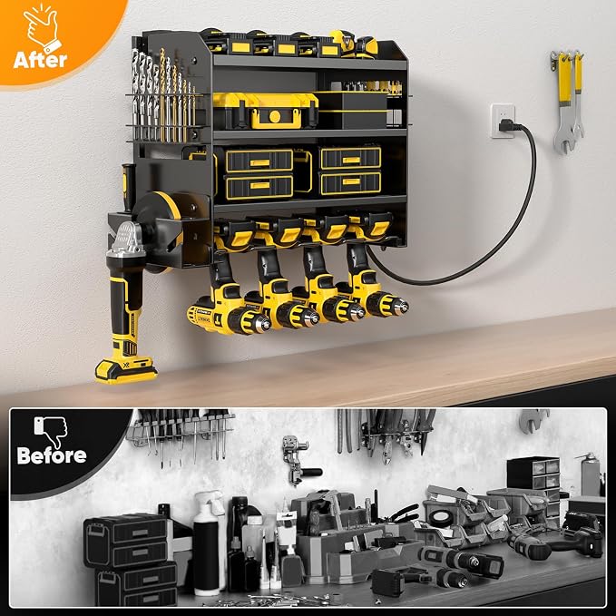 POKIPO Power Tool Organizer Wall Mount with Charging Station,Tool Storage Rack with 8 Outlet Power Strip,Heavy Duty Metal Battery Utility Rack with 4 Cordless Drill Holder 6.56 Ft Cord for Garage - Image 4