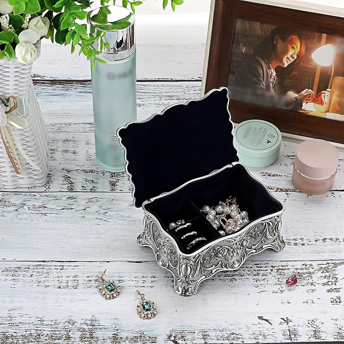 Hipiw Vintage Jewelry Organizer Box - Metal Trinket Storage Box Ornate Treasure Chest Box Jewelry Decorative box Keepsake Gift Box Case for Women,4.9"x3.4"x2.7" - Image 2