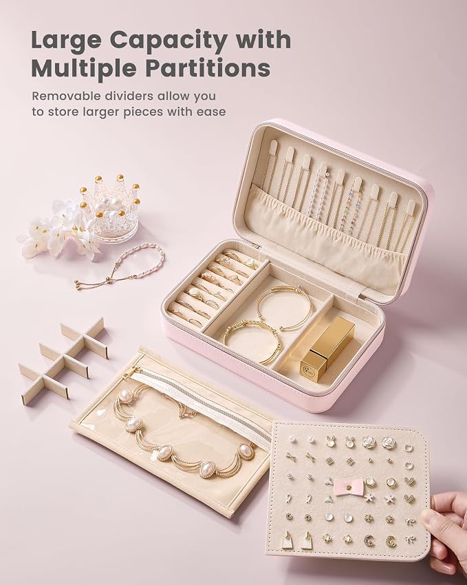 Lolalet Travel Jewelry Case for Women Girls, PU Leather Jewelry Organizer with Clear Storage Bag Small Portable Jewelry Box for Necklace Bracelet Earring Ring Mothers Day Birthday Gifts -Large/Pink - Image 4